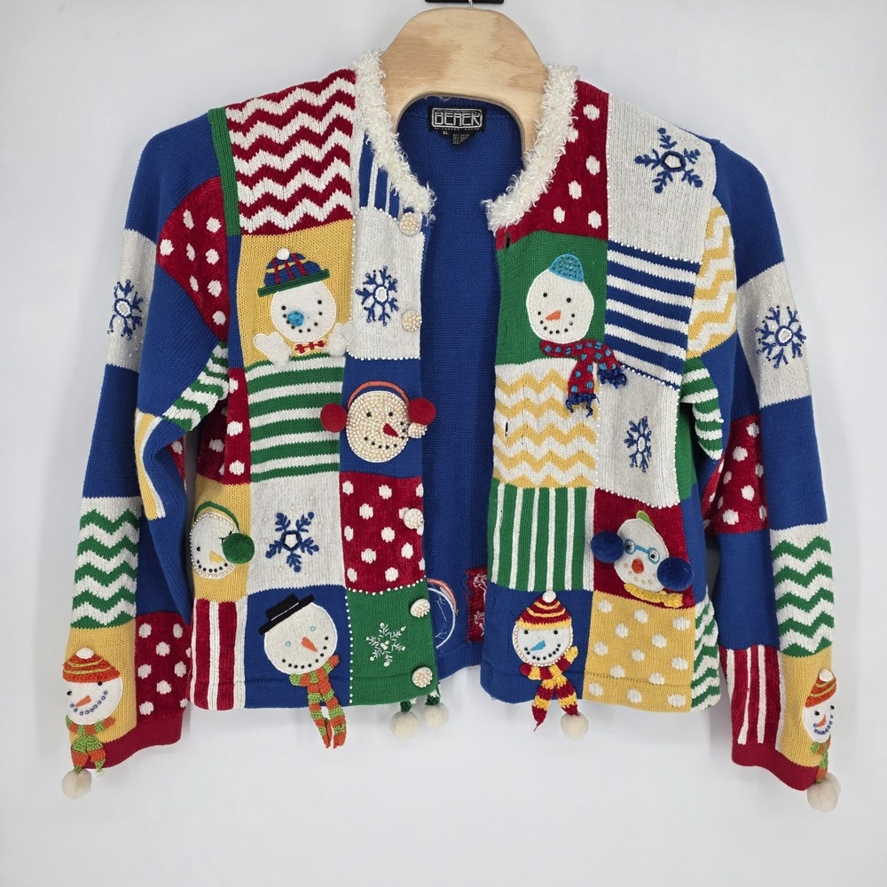 Berek 2 Cardigan Christmas Sweater Ugly Festive Womens XL Snowman Winter Patch